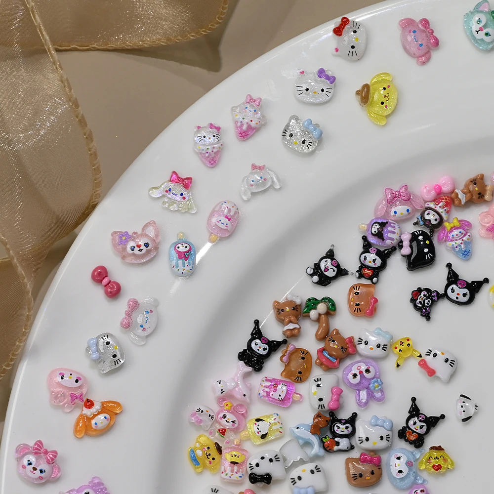 50 stücke Gemischte Sommer Bräunung Hallo Kitty Kopf Nagel Dekoration Eis Kuromi Melody Nagel Charms Y2k Mädchen Kawaii Maniküre teile