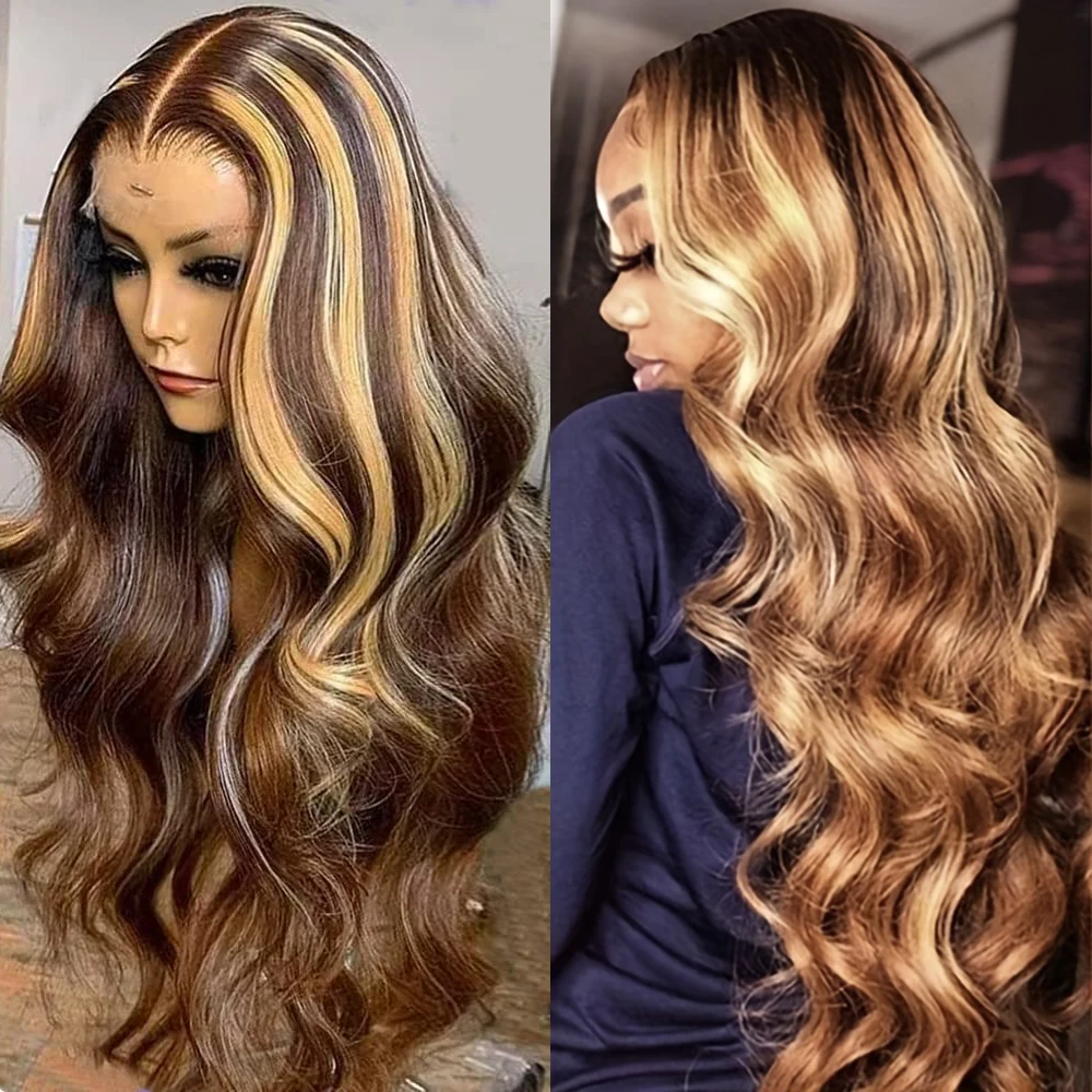 13x6 Wig Frontal renda Highlight 30 inci 13X4 Body Wave Ombre warna madu renda depan Wig rambut manusia untuk wanita telah ditanami