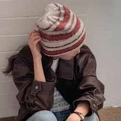 Japanese Contrasting Color Plush Pullover Hat Warm in Autumn and Winter Loose Big Head Elastic Striped Knitted Skull Beanie Cap