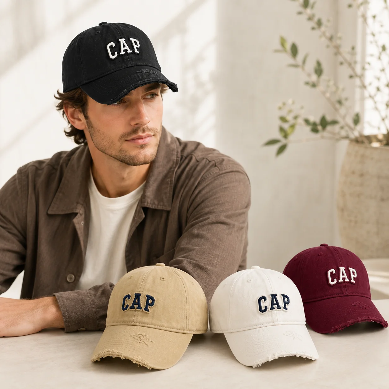 Vintage Frayed Baseball Hat CAP Letter Embroidery Distressed Brim Design Unisex Adjustable Street Fashion Dad Cap