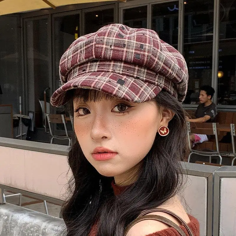 Retro Contrasting Color Plaid Berets For Women Japanese