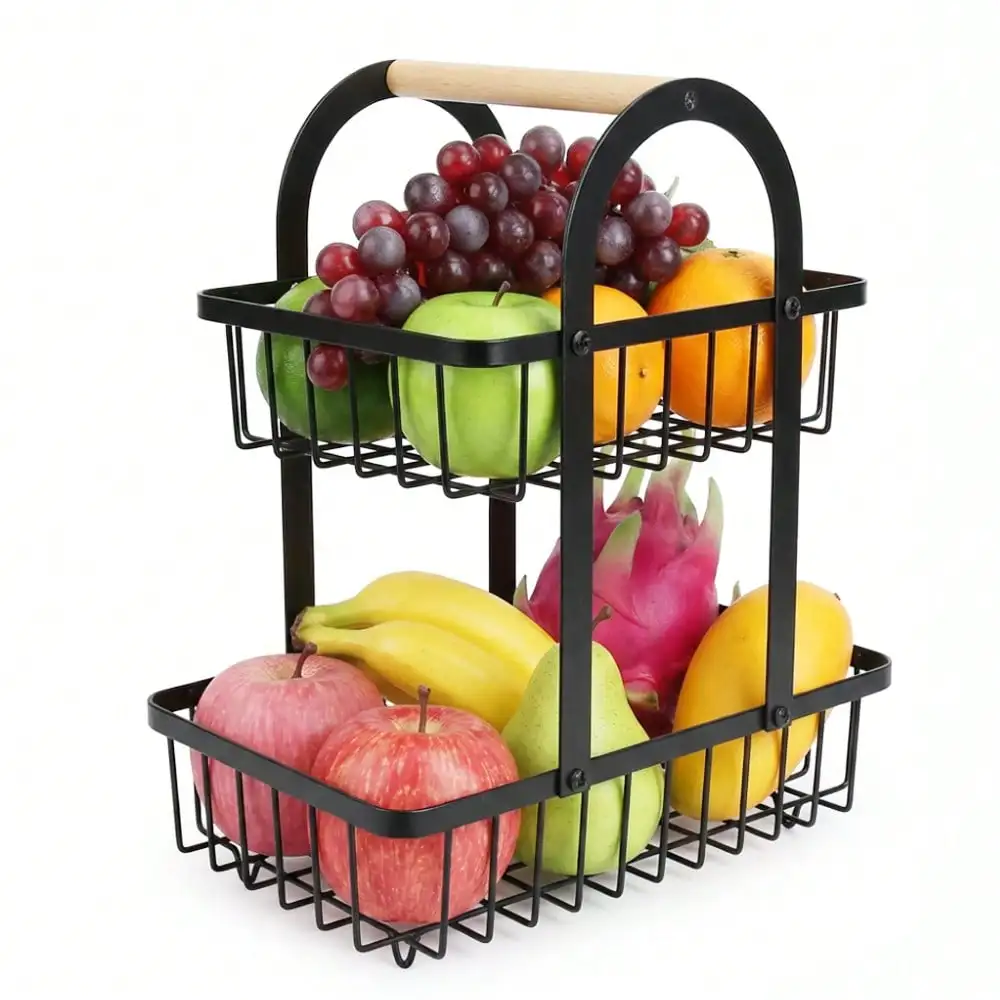 Frutero de Madera de Doble Capa, Soporte de Almacenamiento Multiusos Portátil, Organizador Duradero para Cocina y Sala de Estar, Elegante Estante para Frutas, Verduras, Bocadillos y Alimentos
