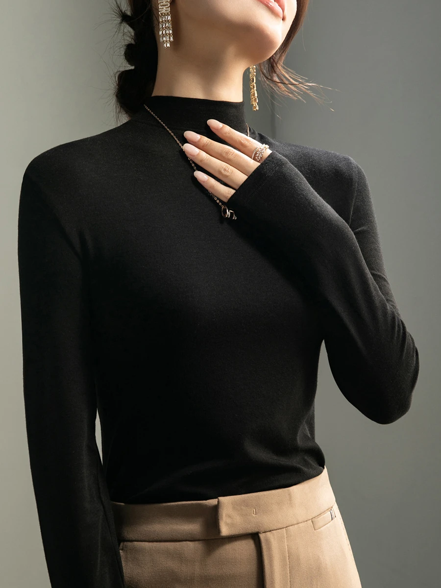 Fashionable and Soft Melard-colored Sheep Wool T-Shirt with Standing Collar and Long Sleeves for Office Ladies