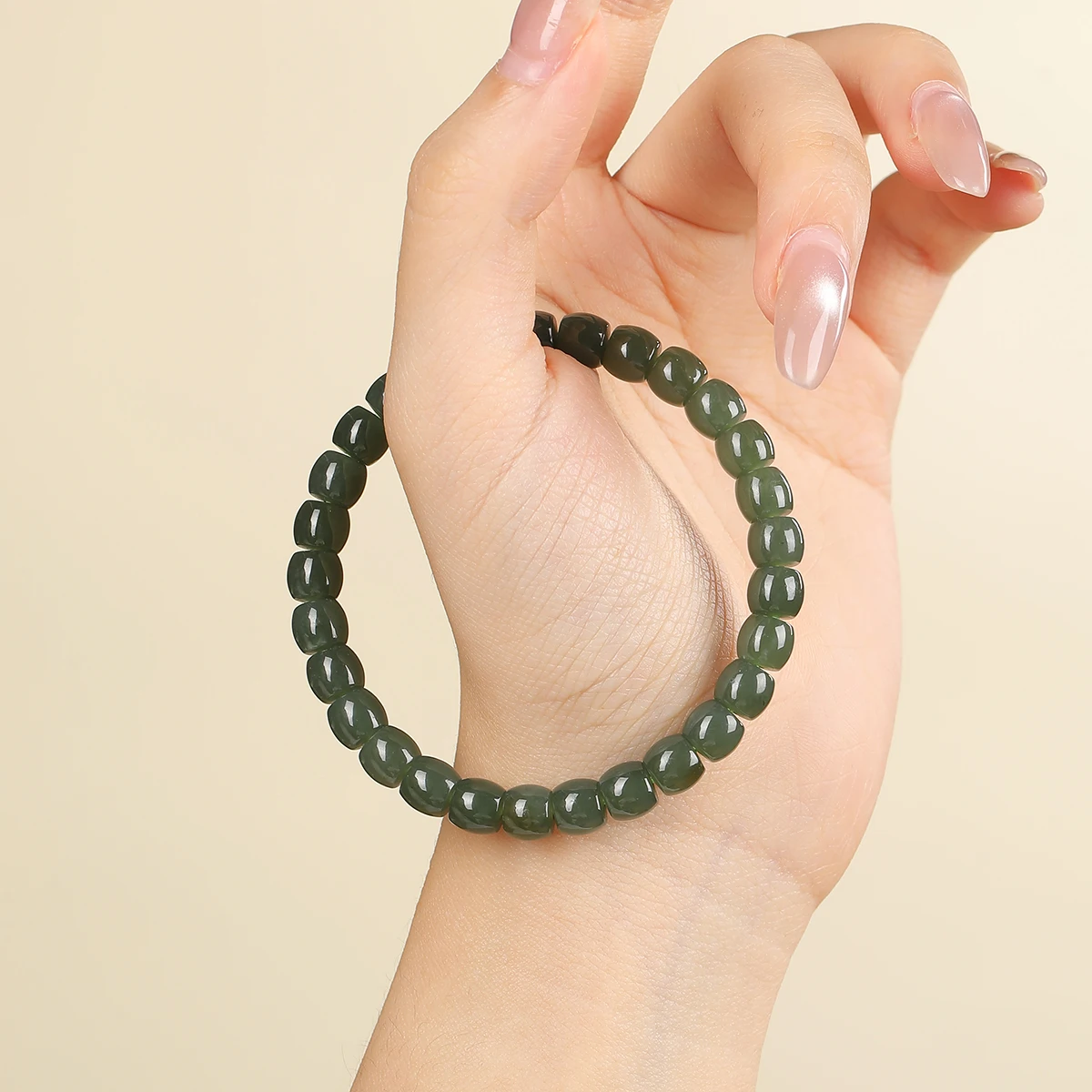 1 Pc Natural Dark Green Hetian Nephrite Jade Bracelet Straight Cut Cylinder Beads Stretch Jewelry Women Men Chakra Bracelets view 3