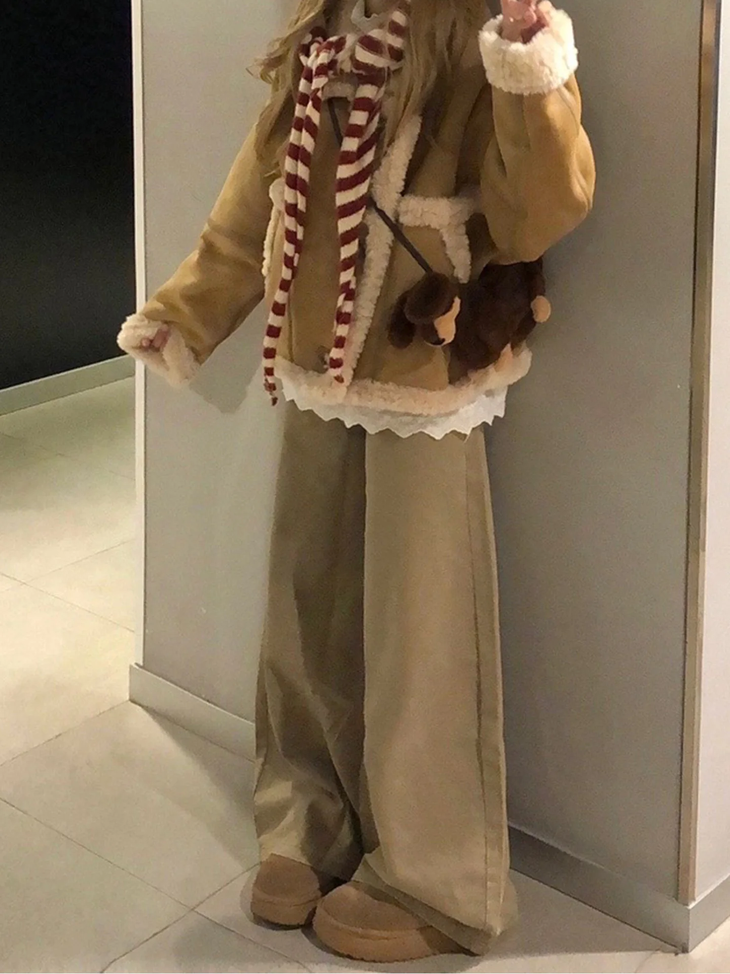 Khaki High Waist Fce Lined Floor Lengthing Women's Jeans Straight Leg American Sle Autumn Winter New Faion Street Long...