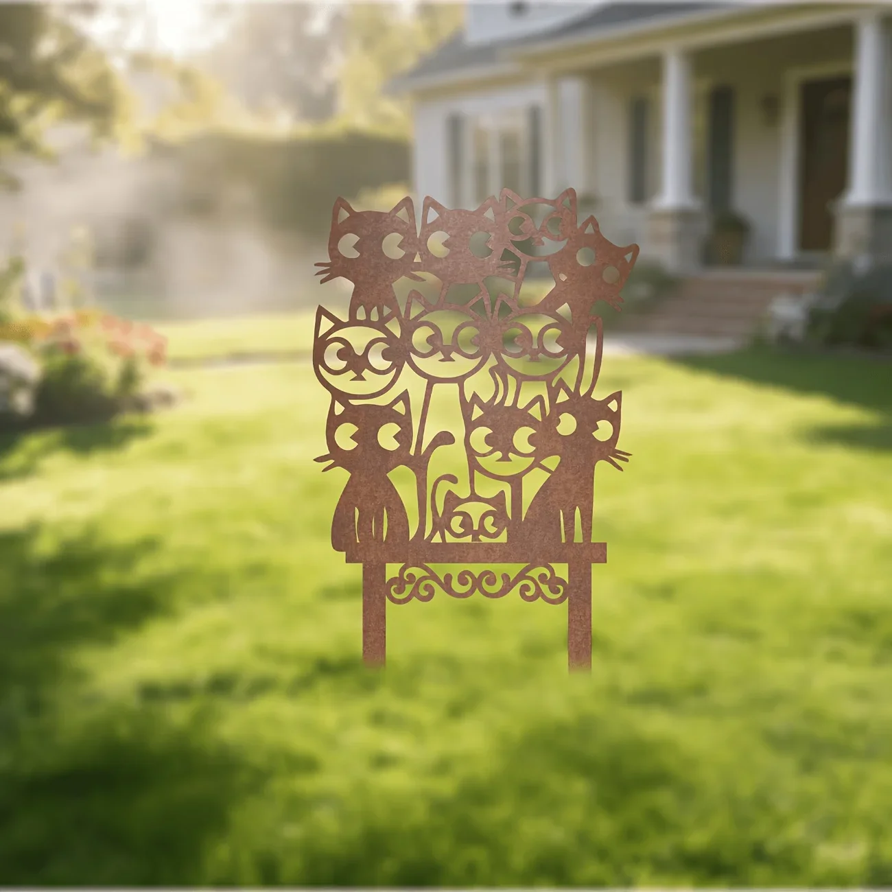 【2D Flat】Rusty Metal Cat Group Ground Insert – Easy Lawn & Patio Decoration – Ideal Gift for Cat Lovers on Any Occasion