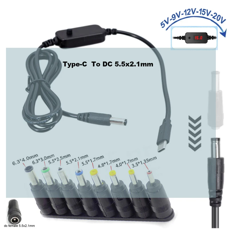 Type‑C Male to DC 5.5x2.1mm Male PD Adapter Adjustable 5V/9V/12V/15V/20V Boost Cable Type‑C to DC Cord for Wifi Router Laptop B4