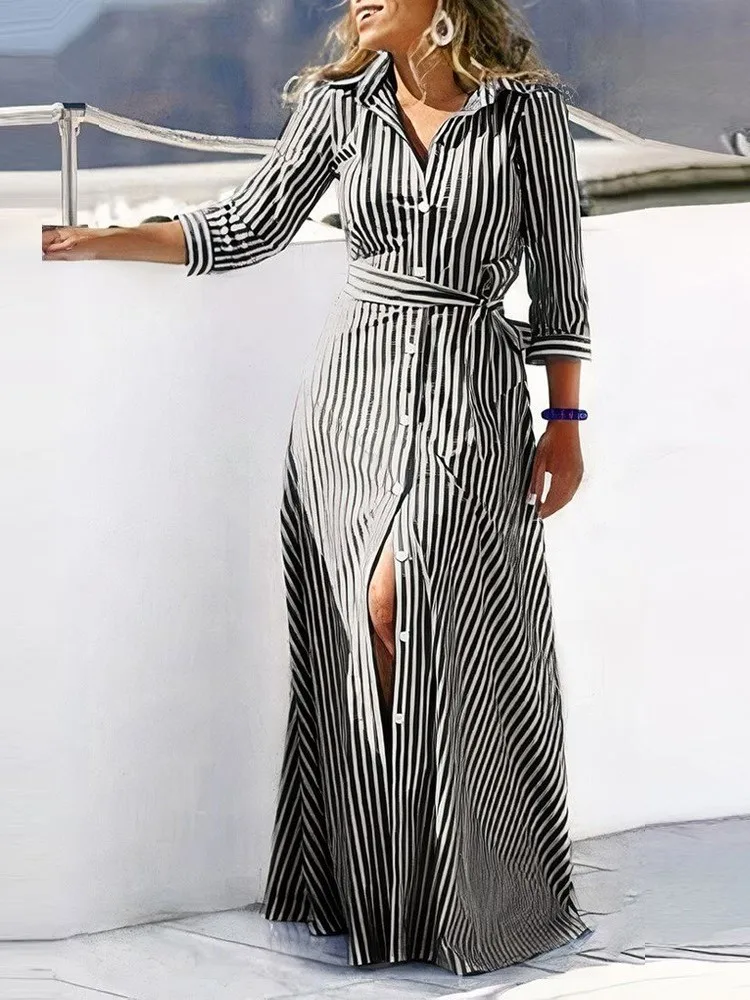 Autumn Lace-up Shirt Dresses Women Elegant Turn Down Collar Button Long Dress Women Fashion Striped Print Party Dress 2023