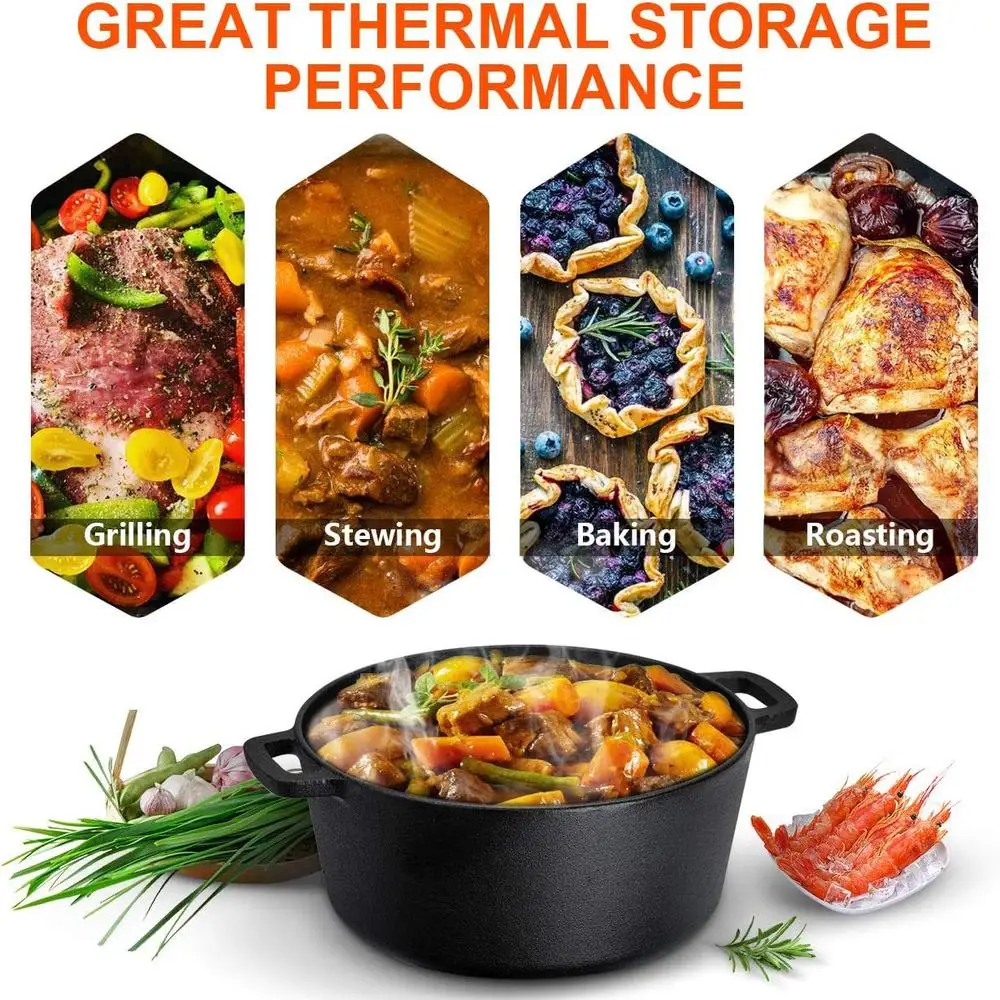 5 Quart Cast Iron Dutch Oven Skillet Lid Pre Seasoned Induction Grill BBQ Camping Cookware Multi Use