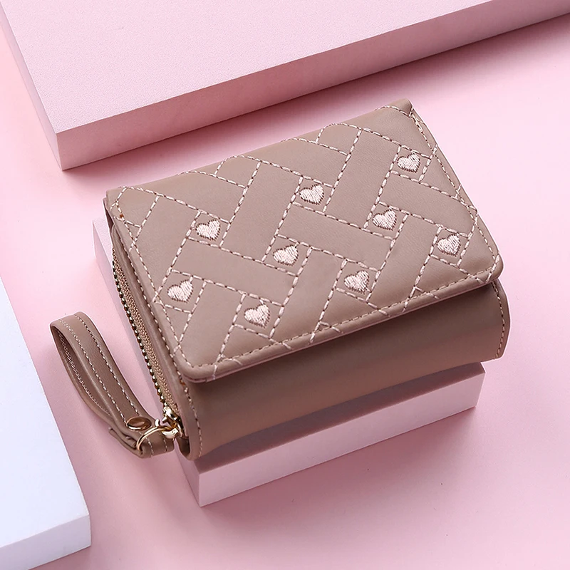 Women's Wallet for PU Leather Fashion Embroidered Love Tri-fold Small Wallet Card Holder Multi-card Slot Coin Purses