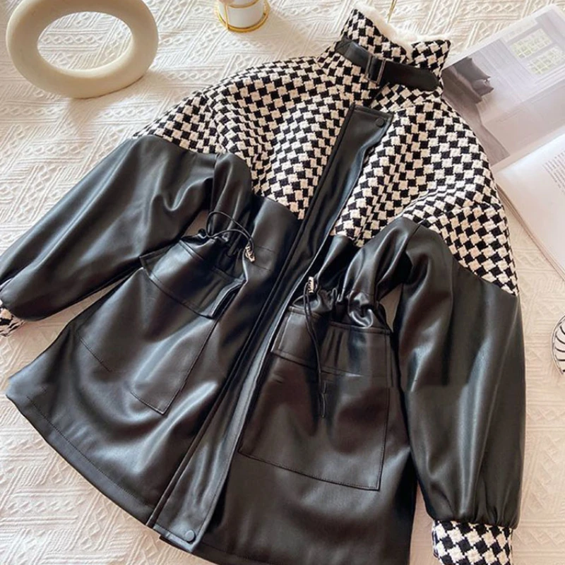 New Winter Sheepskin PU Leather Jacket Women Mid-length Velvet Cashmere Parka Winter Faux Fur Leather Checkerboard Jacket L90