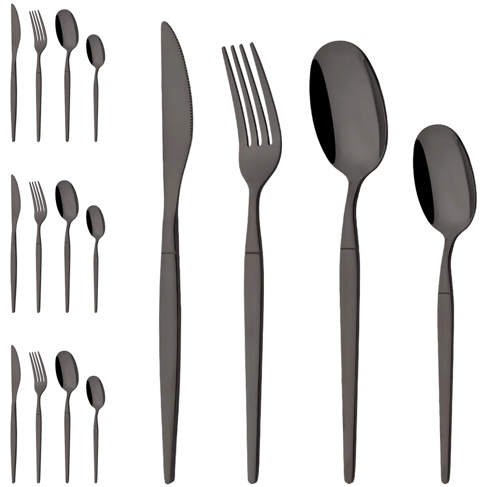 

16 шт., набор столовых приборов с черным зеркалом, набор столовой посуды из нержавеющей стали, нож, вилка, ложка, обеденный набор, кухонные столовые приборы, набор посуды