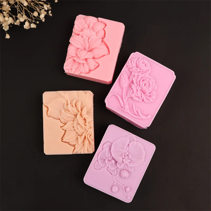 Floral Embossed Silicone Soap Mold, Rectangle Peony Chrysanthemum Orchid Maple Leaf Relief Mold DIY Soap Candle Resin Plaster view 6