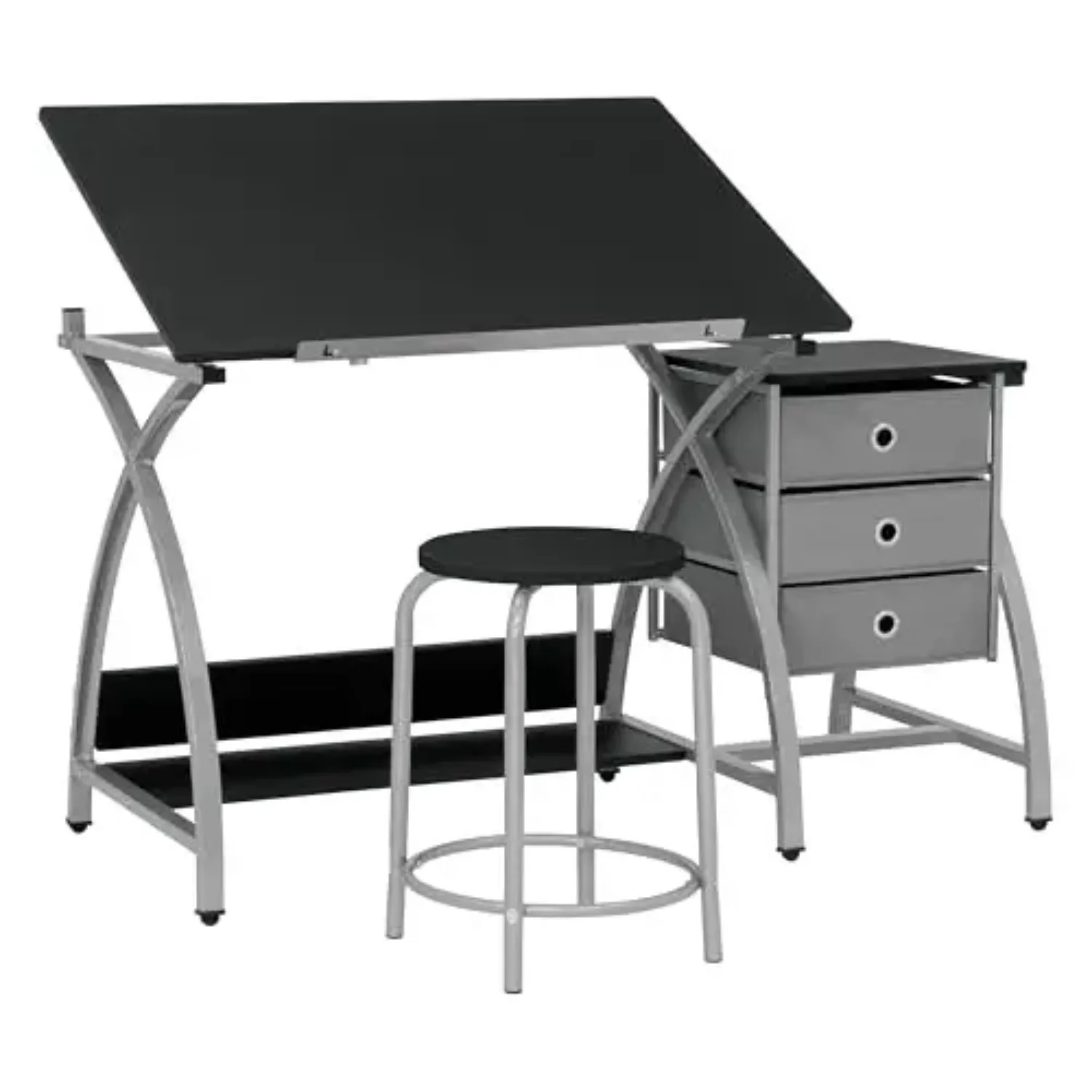 2 Piece Comet Center Plus, Craft Table and Matching Stool Set with Storage and Adjustable Top, Silver/Black
