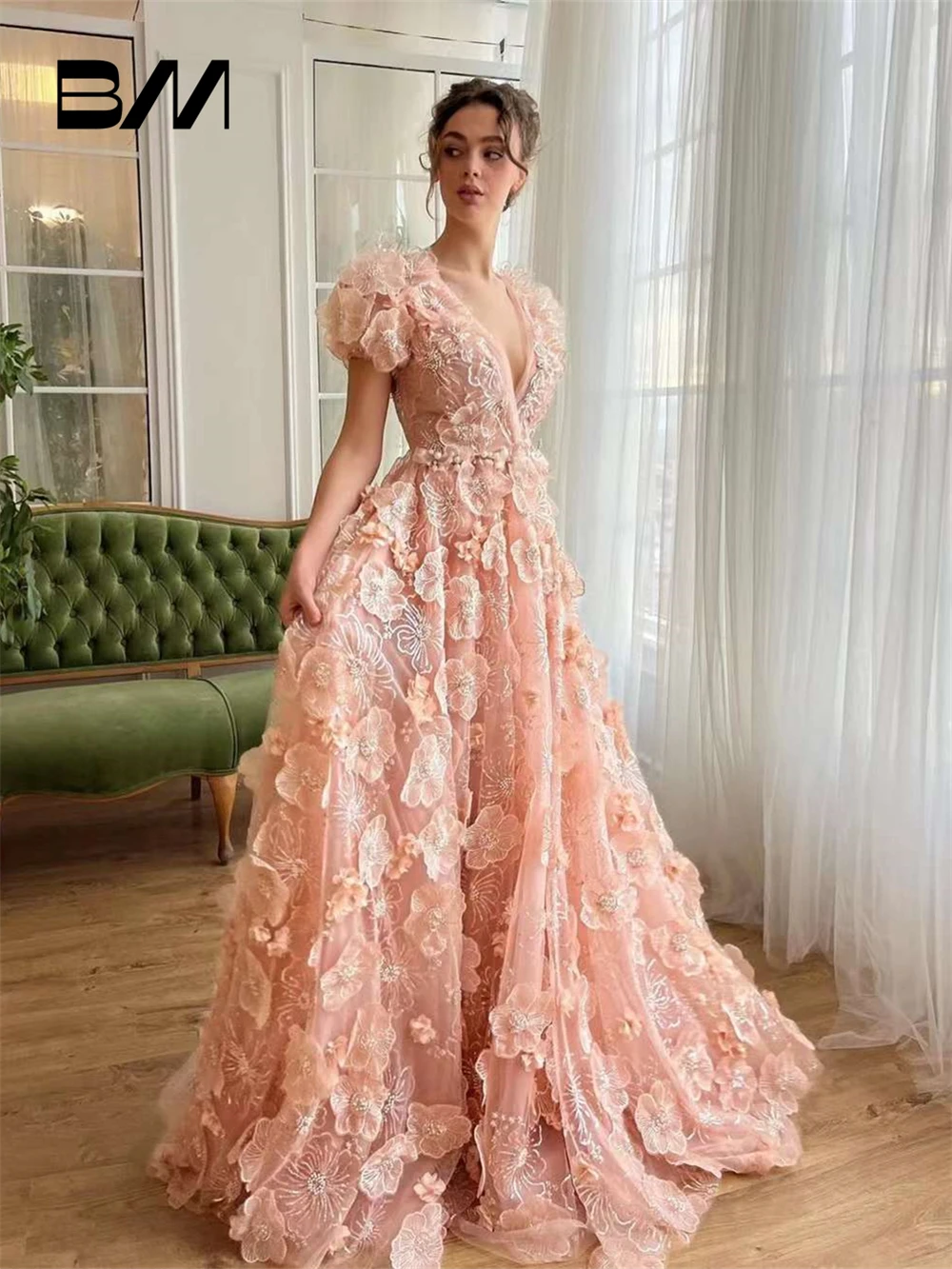 Real Images A Line Long Evening Dress With 3D Floral Appliques Beaded Sequins Women Prom Dresses Sweet Flare Sleeve Party Gown