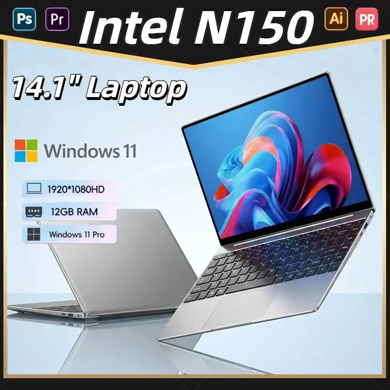 Intel Core N150 14.1 Inch Pro Laptop 8C 16T 2.4 5.3GHz 16MB 45W 32GB RAM 2TB M.2 SSD Gaming Notebook Fast New Black
