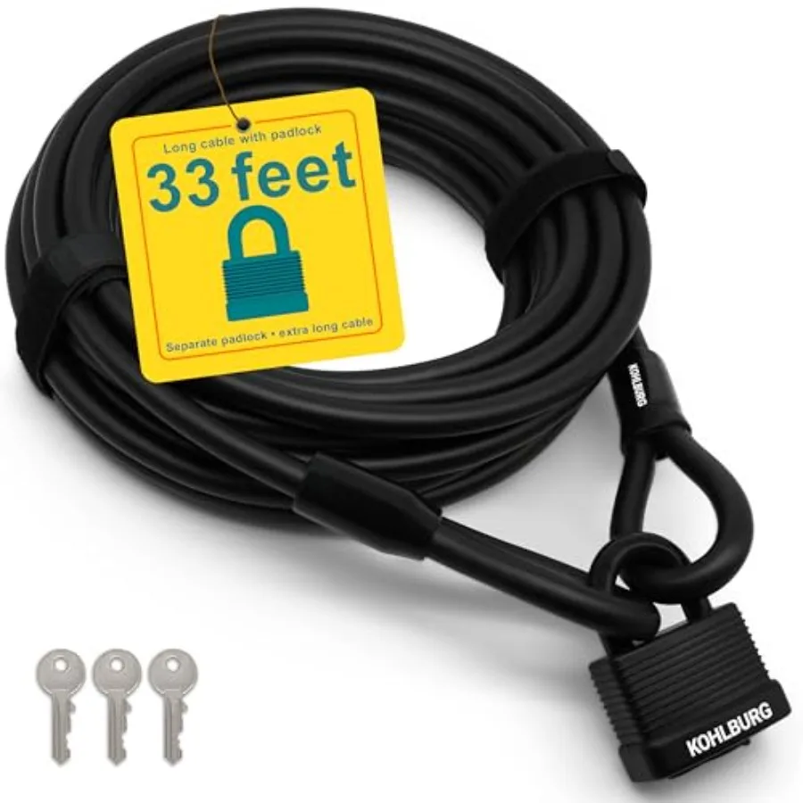 

Bike Cable Lock 33ft Extra Long Key Lock [Easy Click-to-Close 3 Keys] and 33 feet Loop Cable for Bikes and Garden Furniture Sec