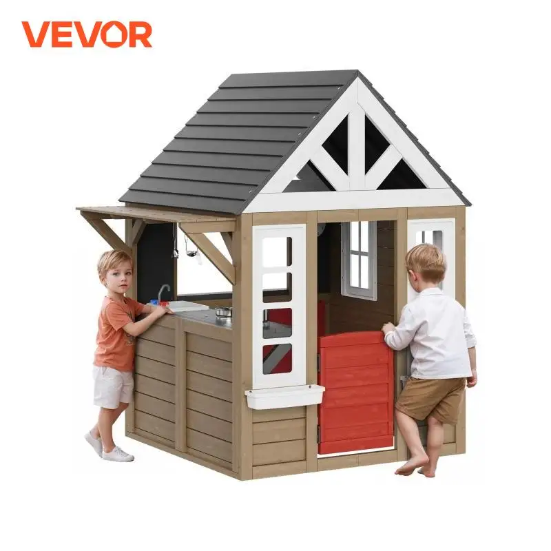 VEVOR Outdoor Wooden Playhouse Modern Cedar Playhouse for Age 2-10 Years Kid Garden Games Cottage Country Style Cedar Playhouse