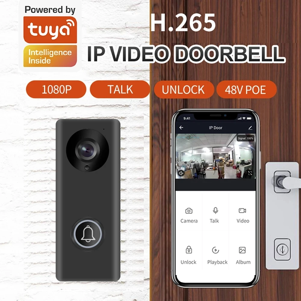 Tuya กริ่งประตูกล้อง WiFi 2MP 1080P Tuya ไร้สาย WIFI P2P 150องศา RJ45 POE วิดีโอประตูสมาร์ทวิดีโอ