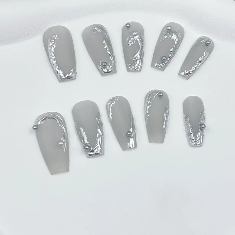 

European and American Ins Trendy Cool Handmade Manicure Liquid Silver Clear Cold Hot Girl Mid-Length Wear Nail Detachable