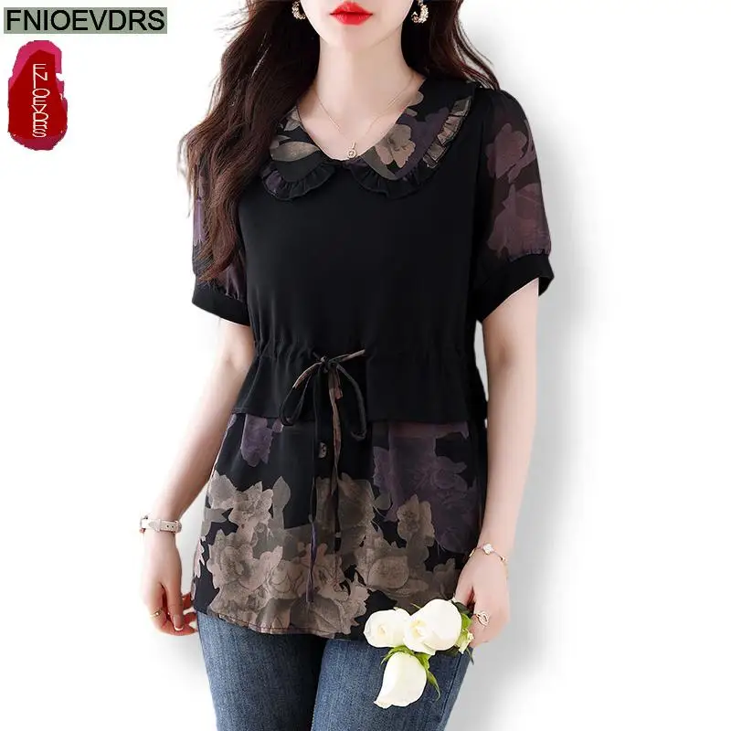 L-5XL 2024 Peter Pan Collar Tops Women Basic Wear Office Lady Short Sleeve Fashion Retro Vintage French Design Shirts Blouses