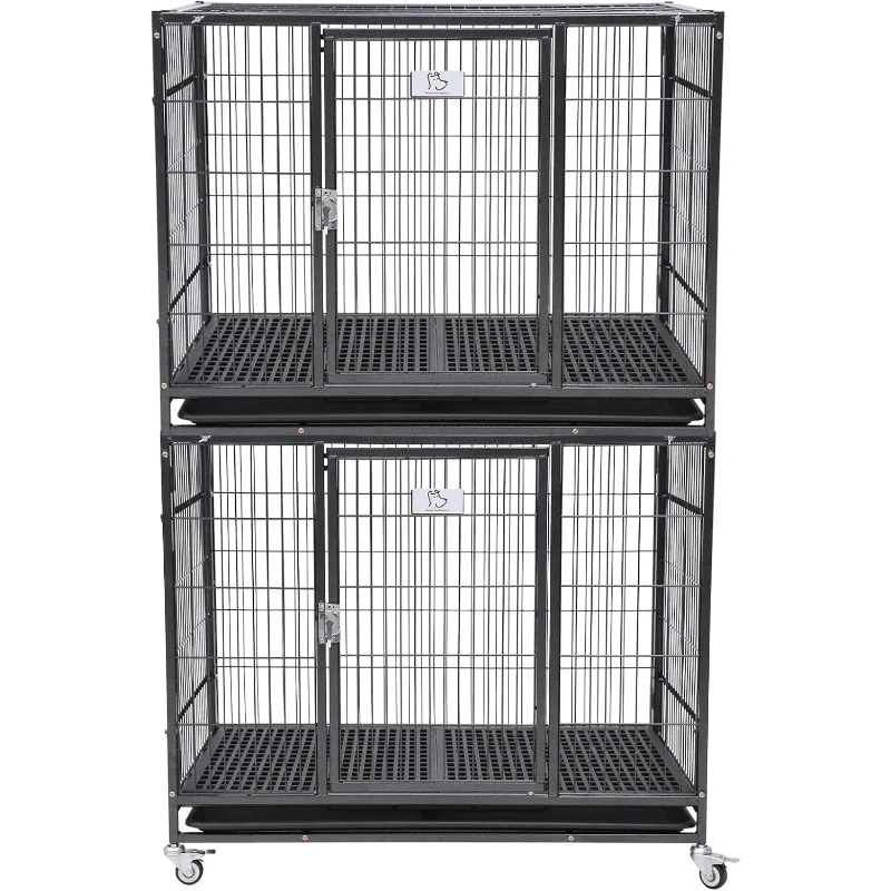 Stackable Open Top Heavy Duty Dog Pet Cage Kennel W/Tray, Floor Grid, and Casters (2 Tiers) Lockable and Movable Wheels