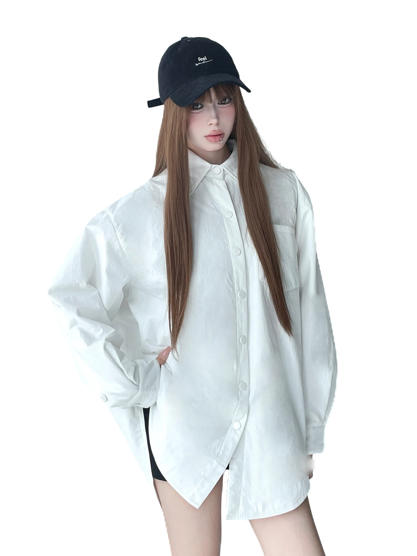 

White Oversize Cotton irt Women's 2025 Autumn Winter New Sle Premium Feeling Super Brightening Loose Fit Nylon Fabric