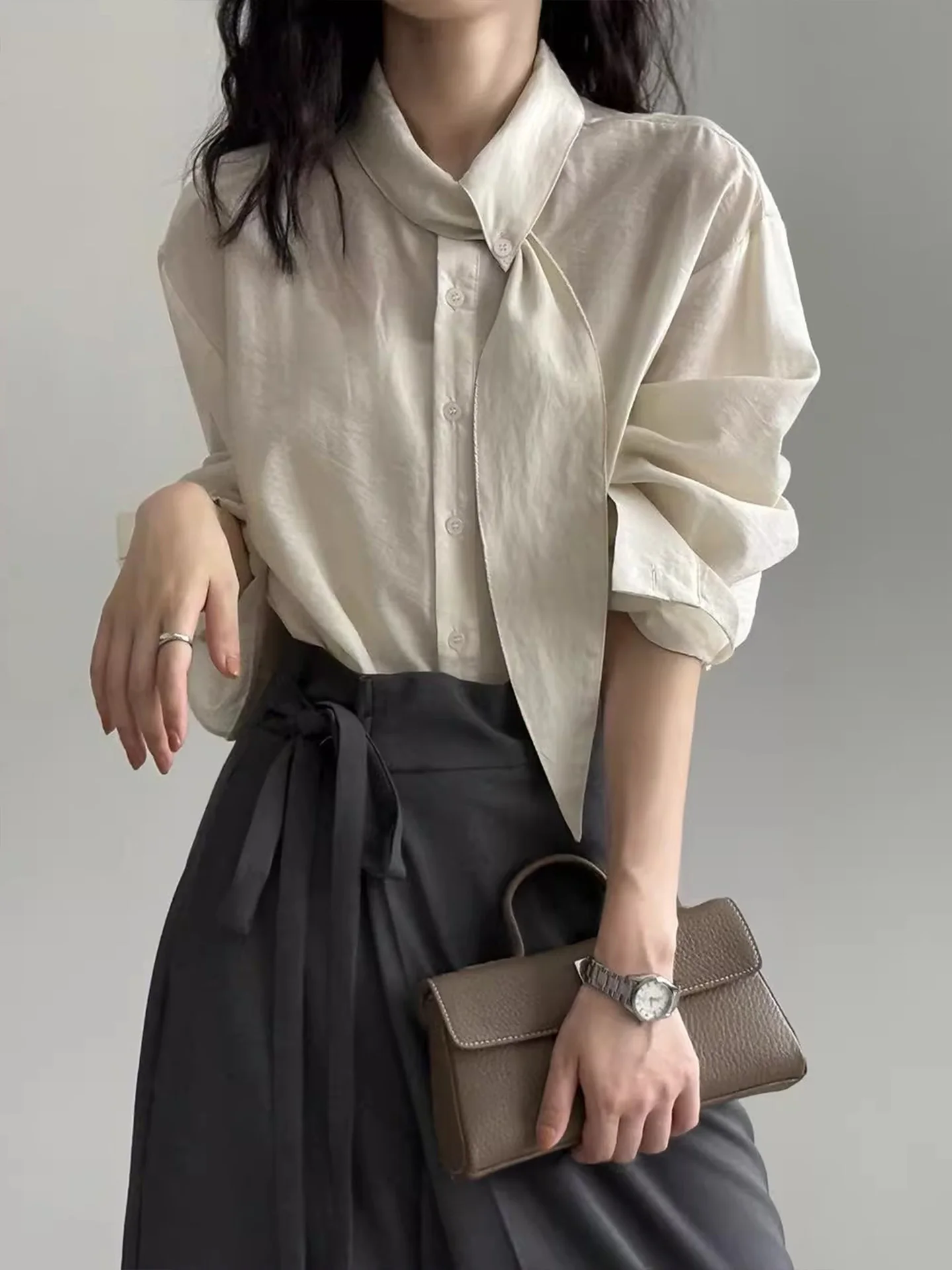 Korean Sle Long Sve irt Women's Spring Autumn Commuter Loose Scarf Collar Casual Slimming Versatile Top Trendy