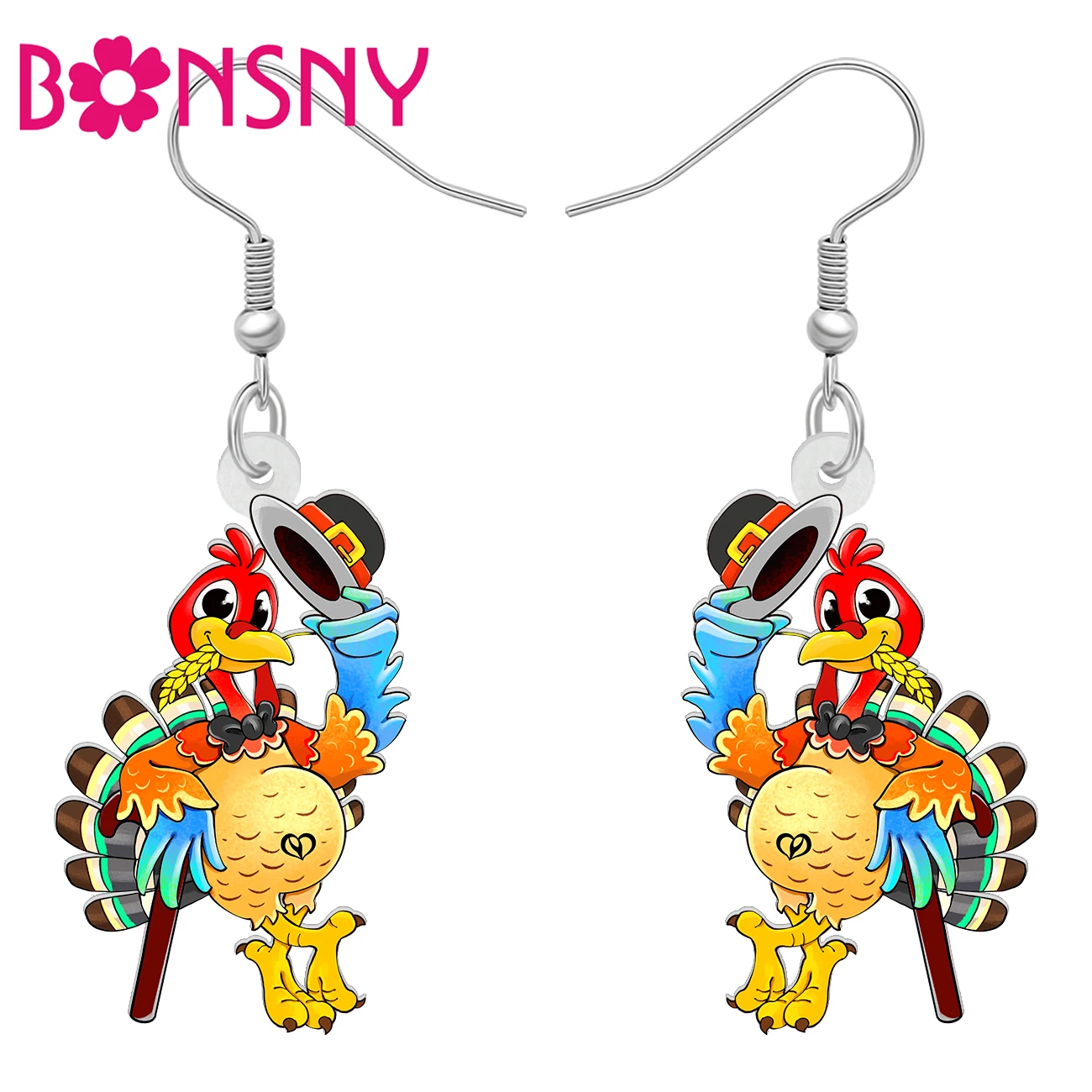 BONSNY Acrylic Thanksgiving Turkey Drop Earrings Thankful Gifts Funny Chicken Animal Jewelry For Women Girls Fall Hoilday Charms