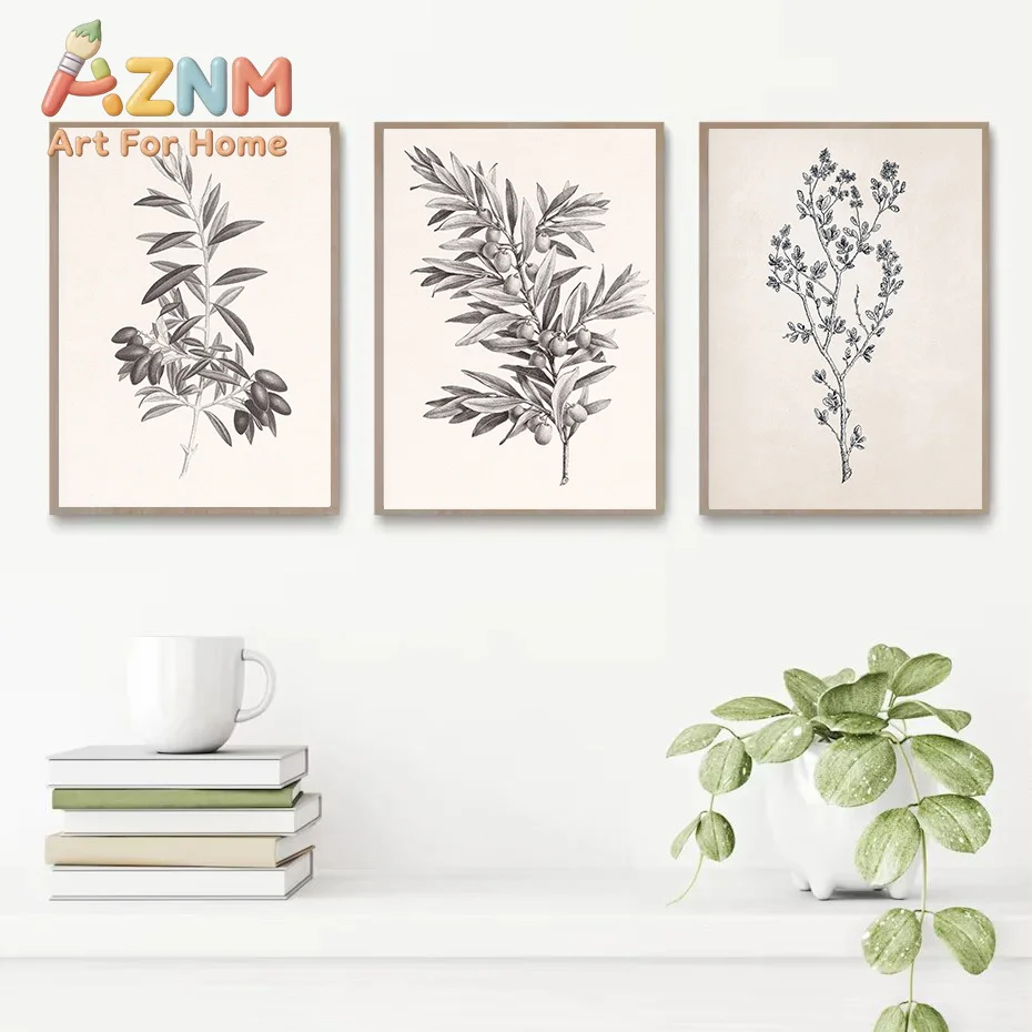 1pc framless Canvas Painting Apple Garlic Daisy Blossom Olive Branch Sketch Poster Print Vintage Botanical Drawing Canvas Painti