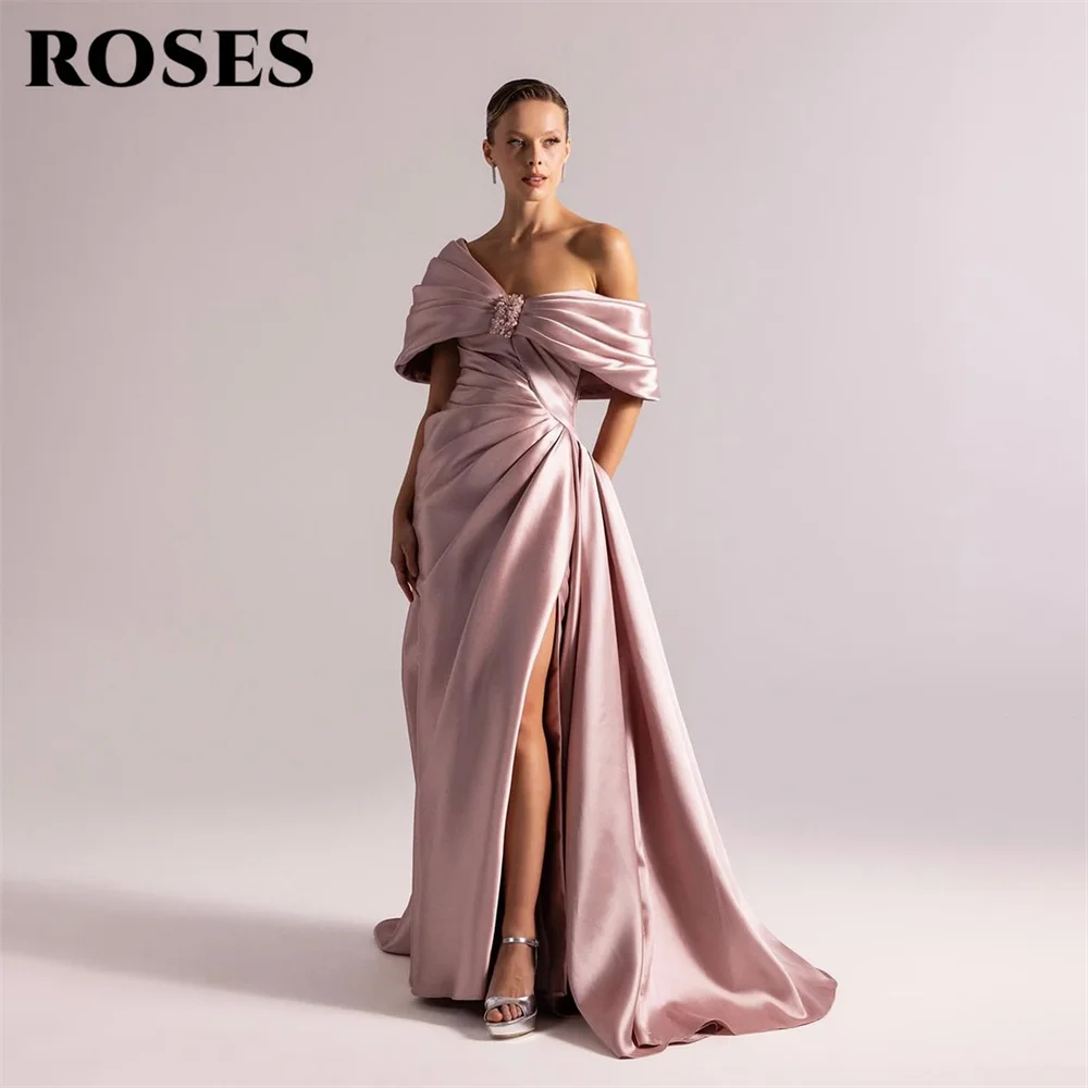 

ROSES Blush Off Shoulder Satin Formal Gown Lace Up Back Prom Dresses with Beaded Modern Style Evening Dress Side Slit Customized