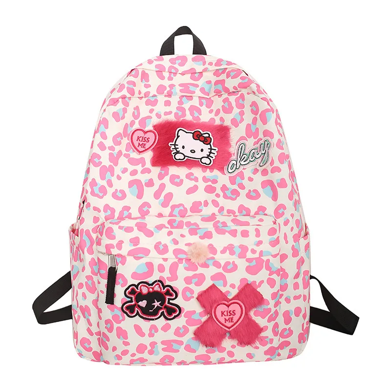 Korean cute leopard print backpack Japanese Hello kitty cartoon girl backpack student schoolbag 33cm*13cm*43cm girls backpack