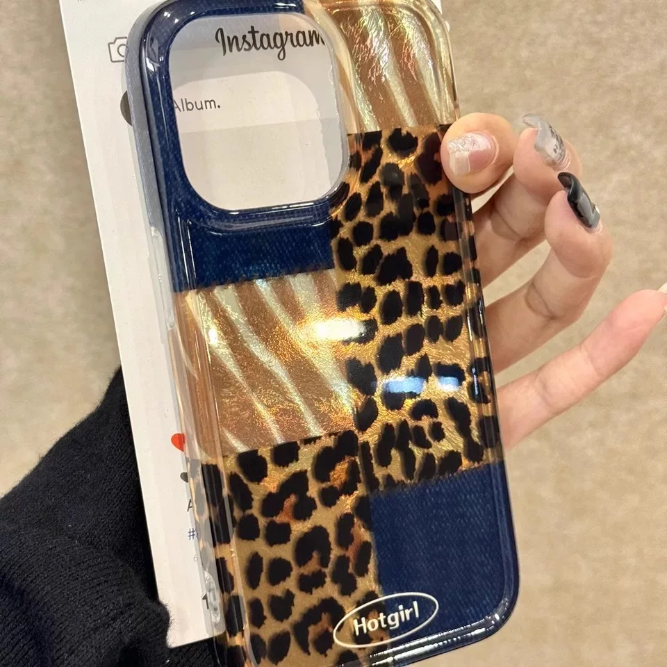 Whirlpool retro denim blue leopard print phone case for iPhone 11 12 13 14 15 16 pro max