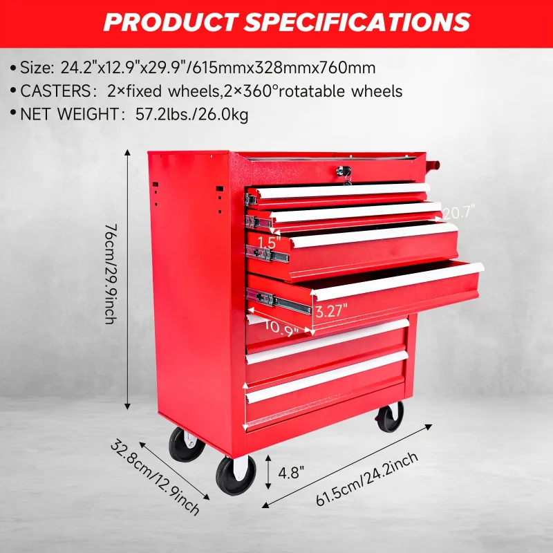 7 drawer mobile metal toolbox with wheel - High safety locking mechanism, high strength cold rolled steel, robust safety tool