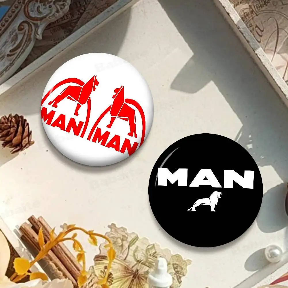 M-Man T-Truck Logo Cartoon Brooches Anime Badge Round Handmade Brooch Lapel Pins Jewelry for Backpack Clothes Gifts