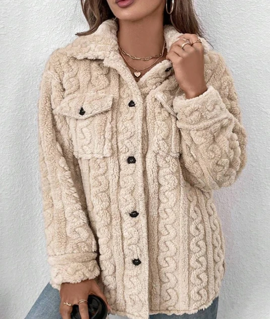 Elegant Winter Women's Jacket Casual Coral Fleece Buttons Solid Color Jacket Thick and Warm Jacket Plus Size Women's Clothing