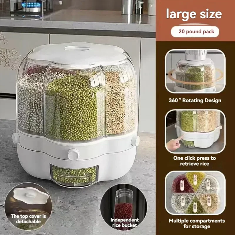 6-in-1 Rice Dispenser 360 Degree Rotating Sealed Dry Cereal Grain Bucket Moisture-proof Kitchen Food Container Storage Box