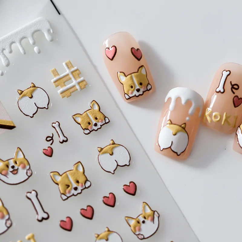 Cute Cookie Koki Dog Heart Bone Figures Adhesive Nail Art Stickers Slider Manicure Designs Supplies Decorations 5D