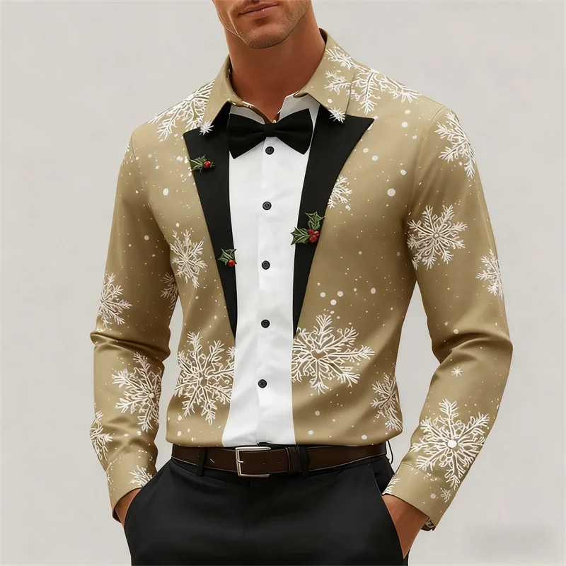 قميص رجالي بأكمام طويلة لعيد الميلاد، نمط شجرة عيد الميلاد مطبوع ثلاثي الأبعاد عالي الوضوح، قميص رجالي بأزرار طية صدر السترة، ملابس الحفلات
