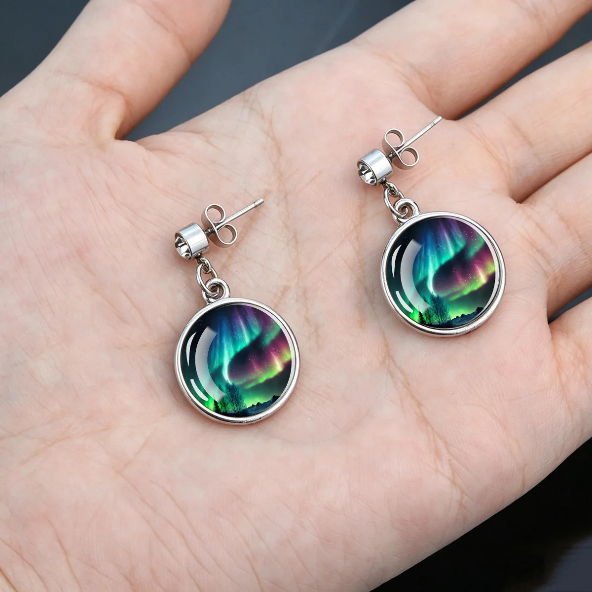 2PCS Northern Lights Aurora Landscape Print Glass Cabochon Dangle Earrings, Women Cosmic Night Sky Drop Earrings