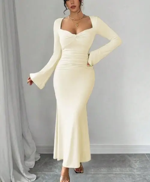 Vestido ajustado para mujer, novedad de verano, estilo, cuello en V, diseño plisado, estilo maduro, mangas de trompeta sexis, falda de cola de pez que abraza la cadera