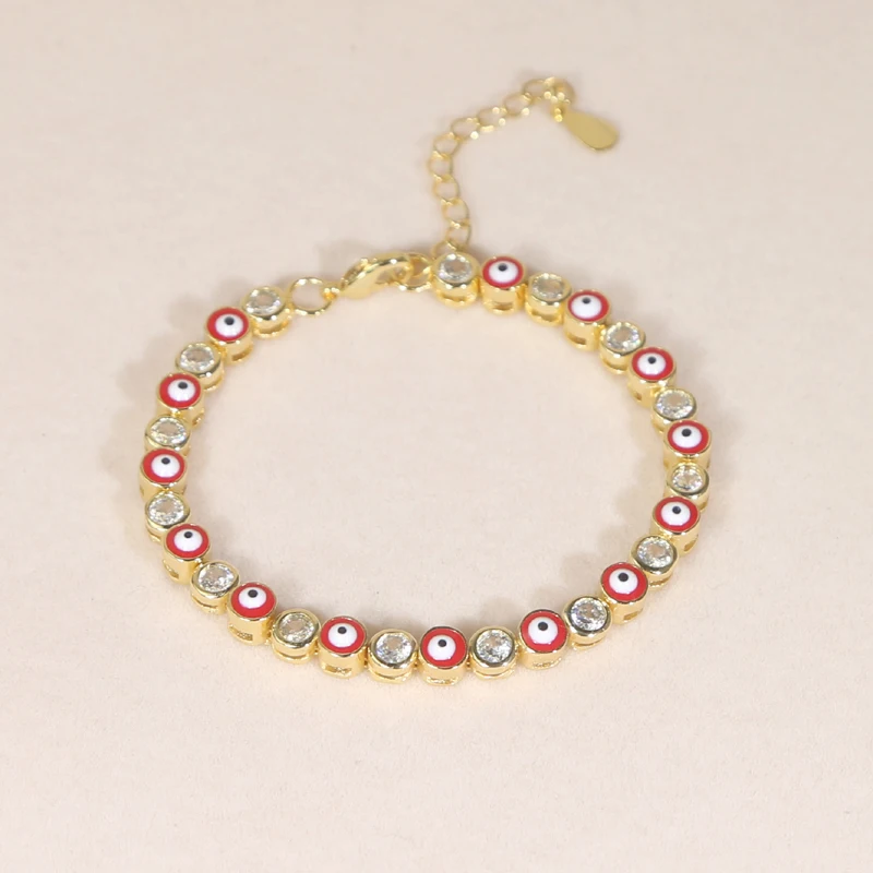 

Red Blue Enamel Geometric Round Dots CZ Tennis Chain Bracelet Gold Color Lucky Turkish Evil Eye Charm Women Jewelry