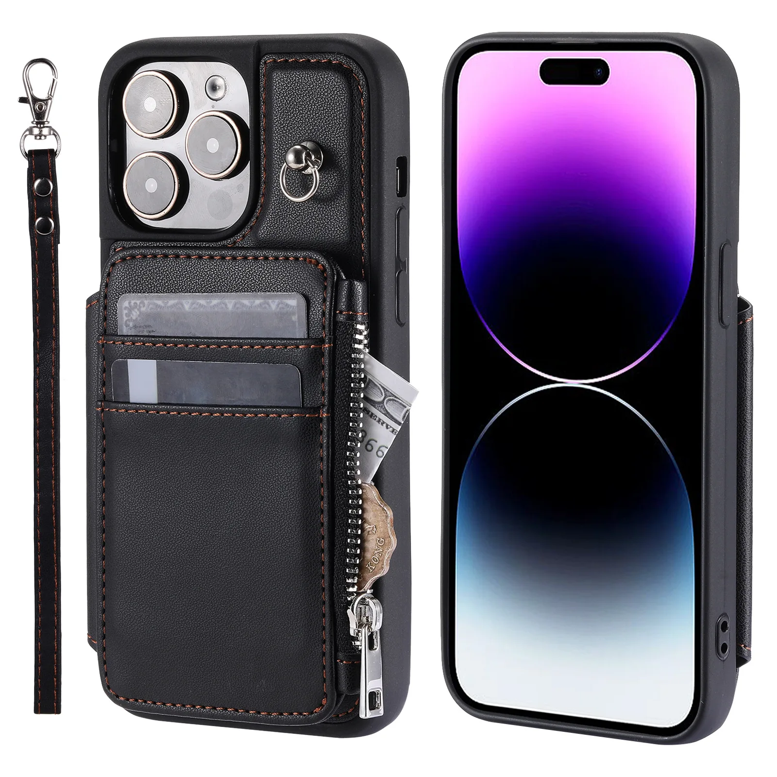 

Top Quality Business Style Card Slot Zipper PU Leather Phone Case for iPhone 15 14 13 12 11 Plus Pro Max Wrist Strap Back Cover
