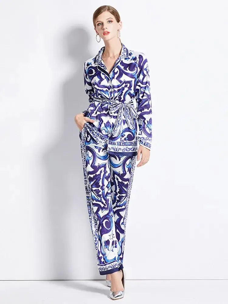

Women Notched Belt Shirt Top＋Elastic Waist Wide Leg Pant Suits Autumn Runway Red Blue and White Porcelain Silk Two Piece Set