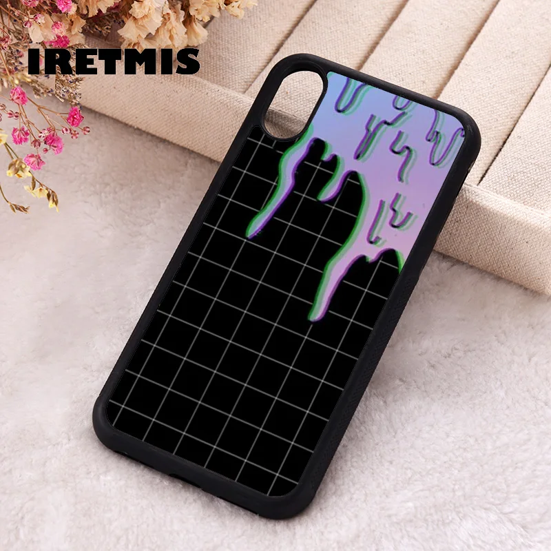 Iretmis Phone Cover Case For iPhone X XS Max XR 11 12 13 PRO MINI 14 15 16 Plus Rubber Dripping Space Paint Checkered Grid Block