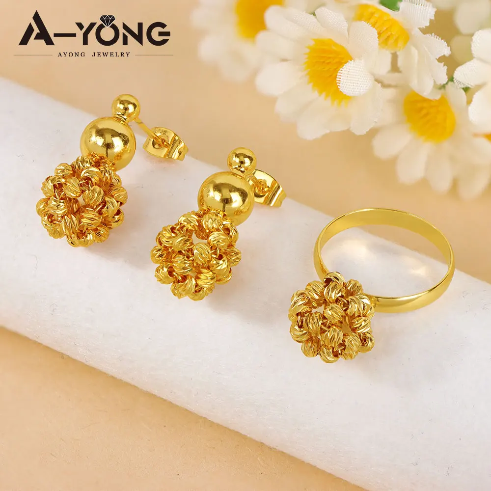 Arabic Bridal Wedding Beaded Jewelry Set 24k Gold Plated Stylish Earrings Ring Ethiopian Women Engagement Party Jewelrys