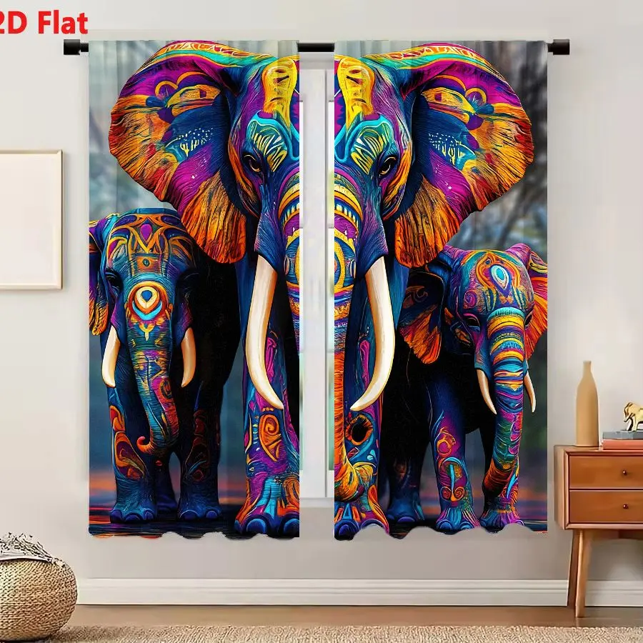 2Pcs Curtains 2D Flat Three Neon Elephants With Swirling Patterns And Vibrant Colors Window Drapes for Bedroom Room Decor Decora