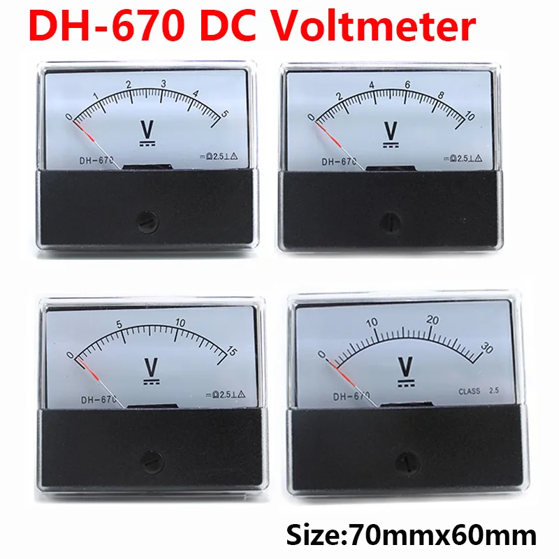 Voltímetro dc Analógico Ponteiro Dh670 5v 10v 15v 20v 30v 50v 100v 70×60 mm Precisão 2.5 0500v