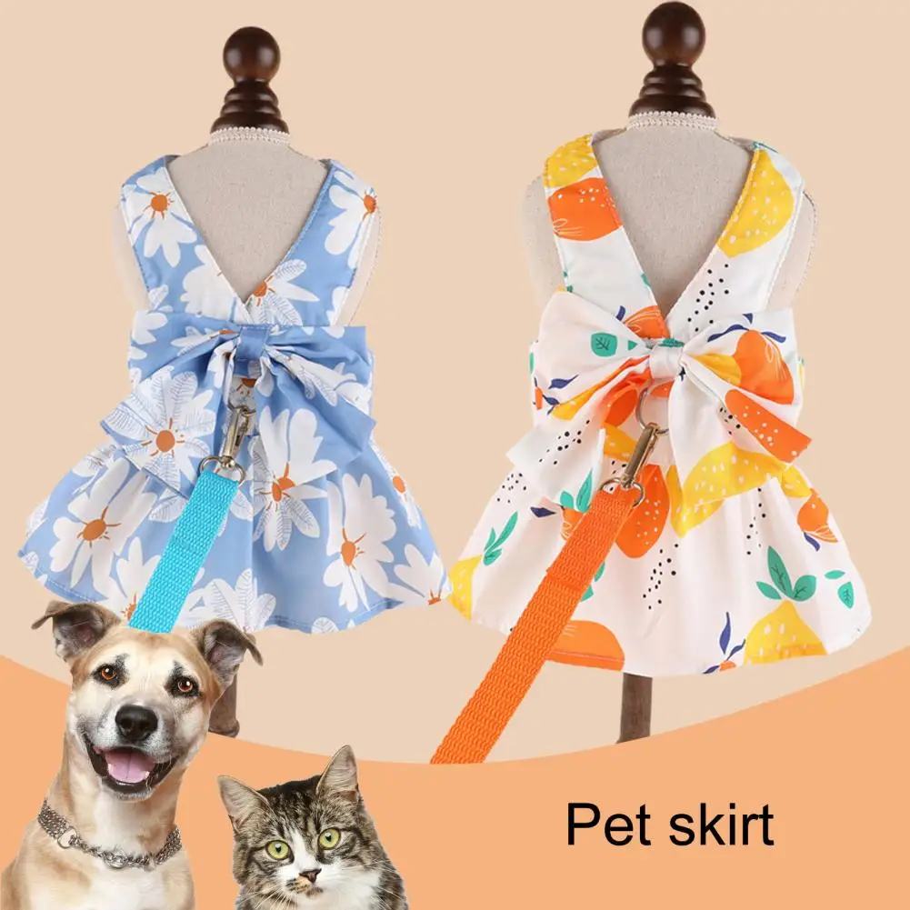 Strawberry Print Dress Adorable Pet Dress Leash Set Bowknot Decorated Cat Princess Outfit for Spring Summer Outdoor Activities