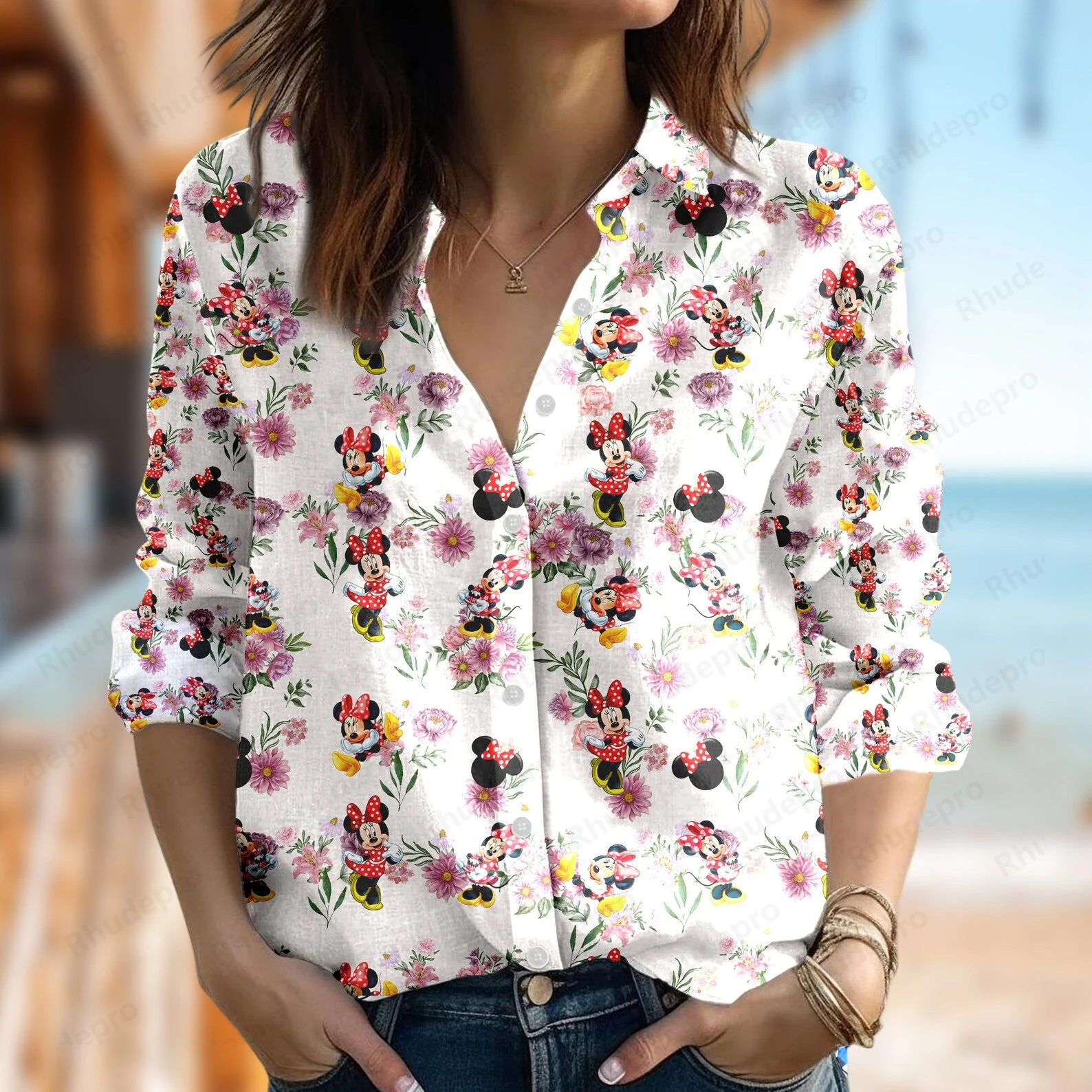 Disney Mickey and Friends Women's Shirt Casual Button Up Long Sleeve Shirt Stitch Olaf Summer Vacation Women Fashion 3d Shirts